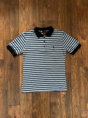 Vintage Yves Saint Laurent Striped Polo Shirt - Blue Black Short Sleeve - Medium